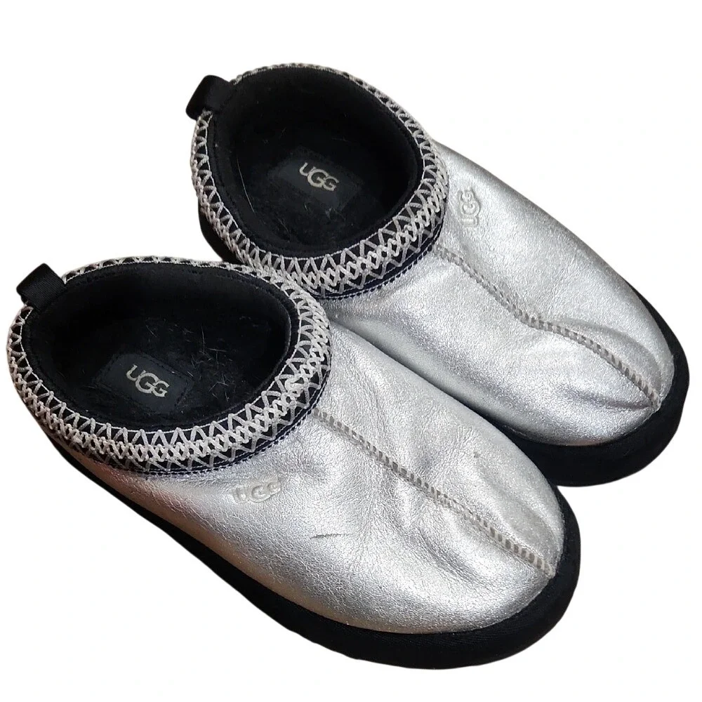 UGG Tazz‎ Tasman Leather Silver Black Metallic Slipper Slide Shearling Shoe 2